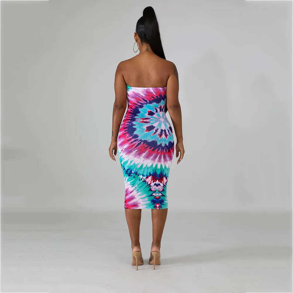 Lemon Gina 2019 women summer black hole galaxy print strapless off shoulder bodycon midi mid-calf length dress WJ5037 | Женская одежда