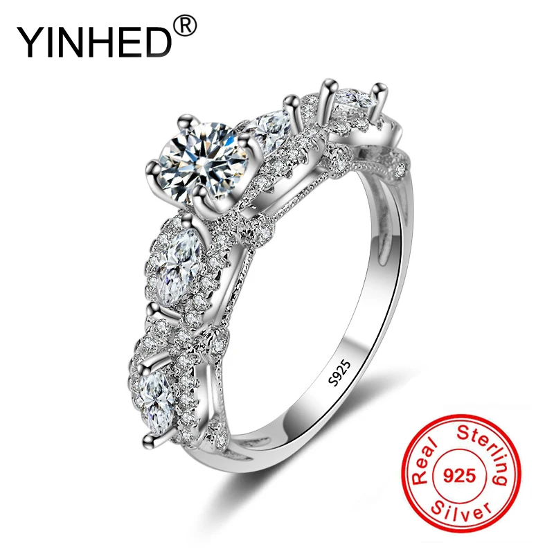

YINHED Solid 925 Sterling Silver Ring Luxury Female Engagement Ring AAA Cubic Zircon Wedding Rings for Women Jewelry Gift ZR593