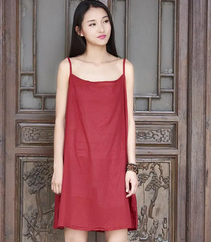 Летнее базовое платье в китайском стиле с бретельками пэчворк Одноцветный один