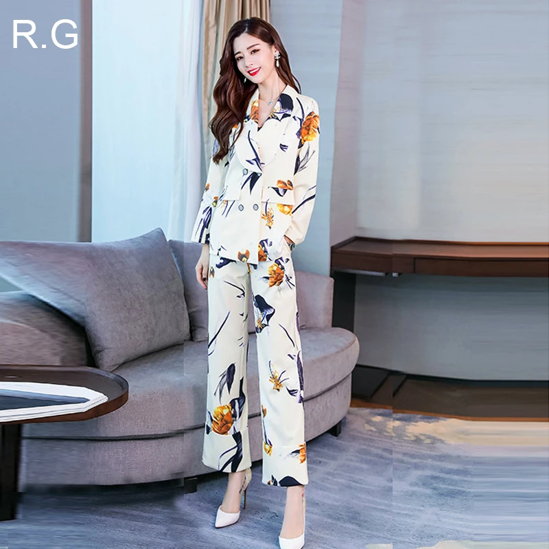 

RG Floral Printed Blazer Pants Suit Formal Business Office Suits Plus Size 2XL Jacket Trousers 2 Piece Set Suits Autumn 2018