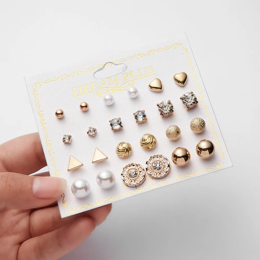 12 Pairs/set Stud Earrings Set With Card Transparent Zircon Balls Love Flowers Earrings Women Imulated Pearl Earrings Jewelry images - 6
