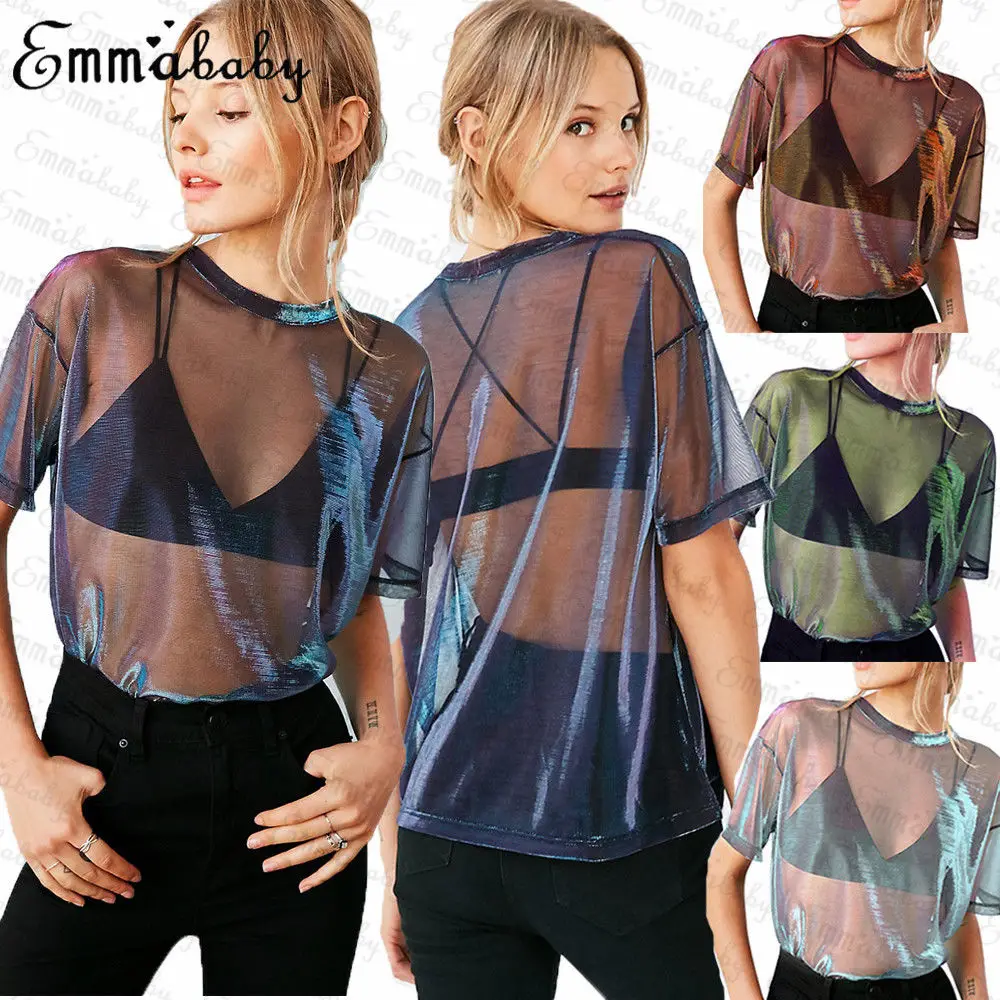 2019 женские модные прозрачные блестящие футболки с коротким рукавом в