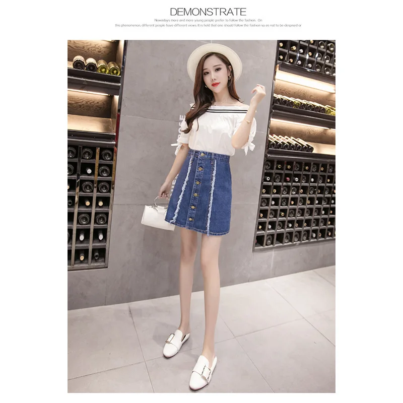 Women's Embroidered Short Denim Skirt with Raw-edge Hem Women Front Button Closure PP-139 | Женская одежда