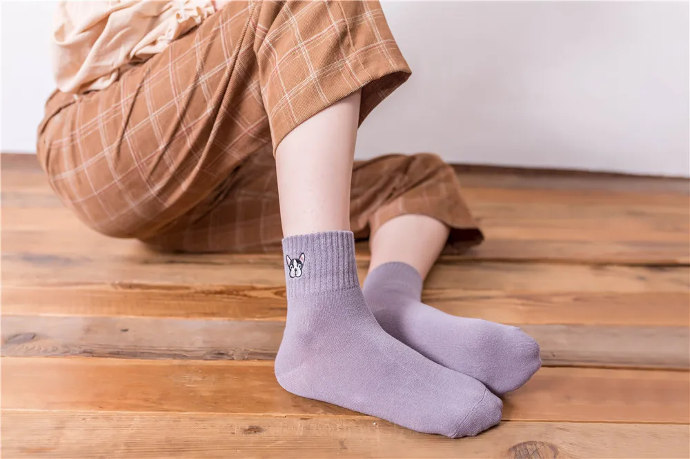 CHAOZHU Women Cute French Bulldog Embroidery Grey Green Pink Black Yellow Five Colors Cotton Knitting Winter Autumn Warm Socks