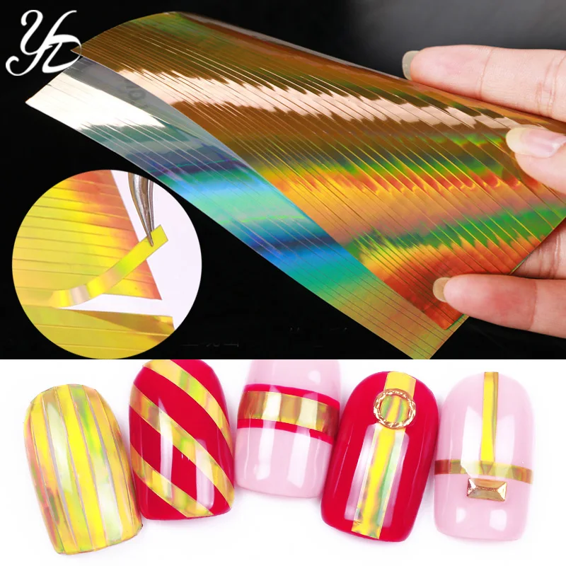 Yiday ультратонкий с блестками лазерный Золотой Серебряный стикер Striping Line 3D самоклеящийся наконечник Holo виниловые ногти искусство DIY фольги маникюр