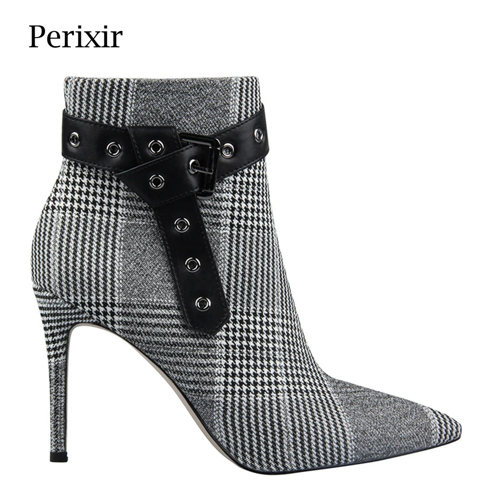 Perixir/женские ботильоны из шерстяной ткани в клетку пикантная женская обувь с