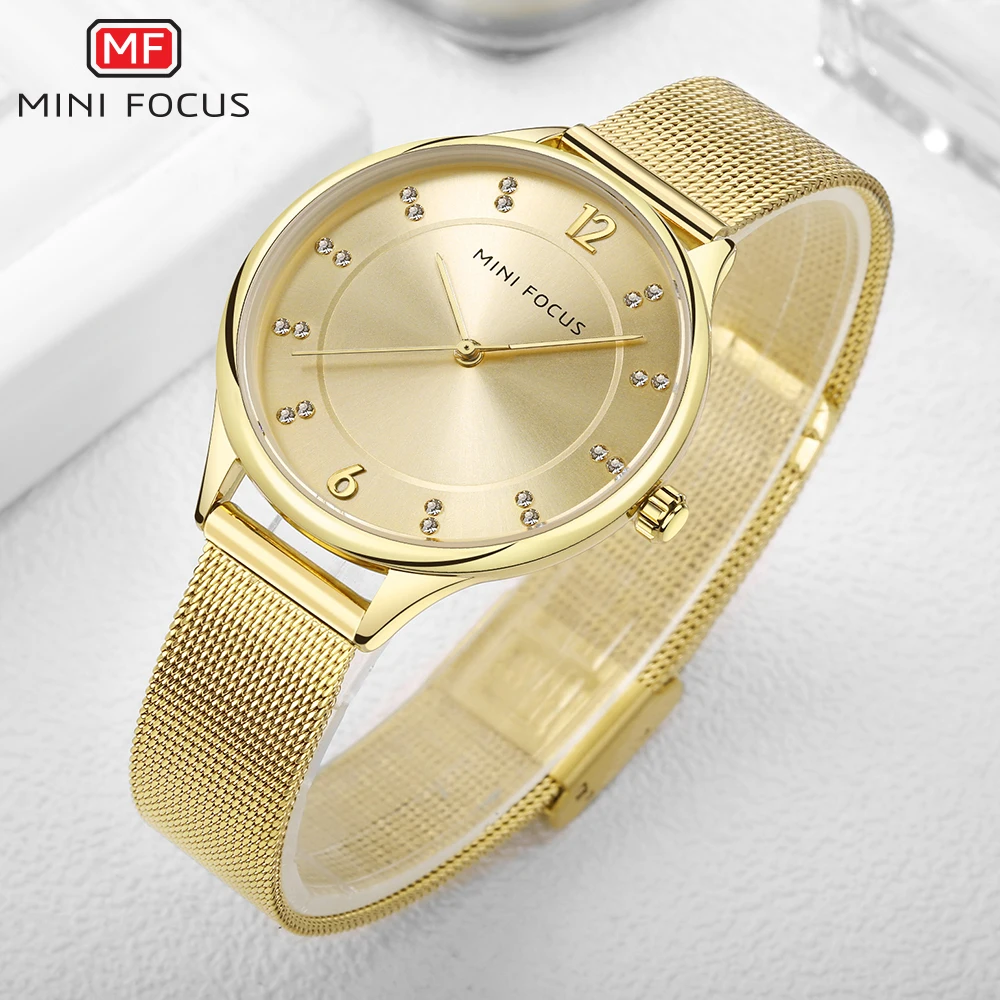 Часы MINIFOCUS стразы женские из розового золота наручные часы с сетчатым стальным