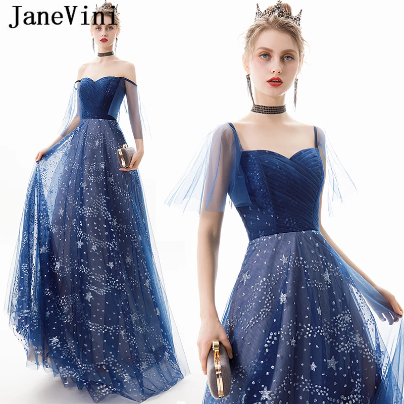 

JaneVini Vintage Navy Blue A Line Long Prom Dresses 2019 Sweetheart Star Pattern Sequined Tulle Floor Length Formal Party Gowns