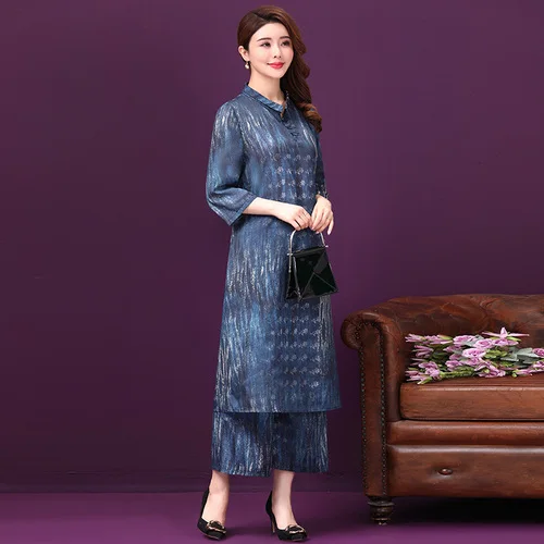 Женское платье из двух частей с шелковым принтом элегантные брюки широкими