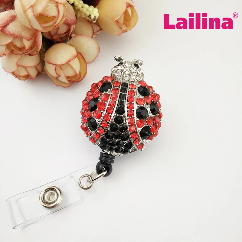 

20pcs/lot Fashionable Multi-color Rhinestone Ladybug Retractable Badge Reel Sparkle Decorative Name Card Badge Holder