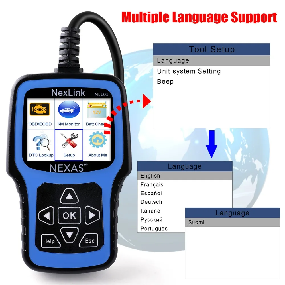 OBD2 сканер инструмент диагностики авто Nexas NL101 с Батарея Тесты для диагностики автомобиля автомобиль сканер универсальный, оптический двигателя Code Reader