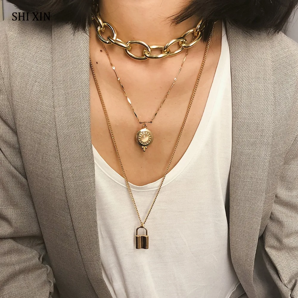 

SHIXIN Exaggerated Hip Hop Lock Pendants Necklace for Wome Layered Cuban Link Chains Choker Necklaces Fashion Colar Jewelry 2021