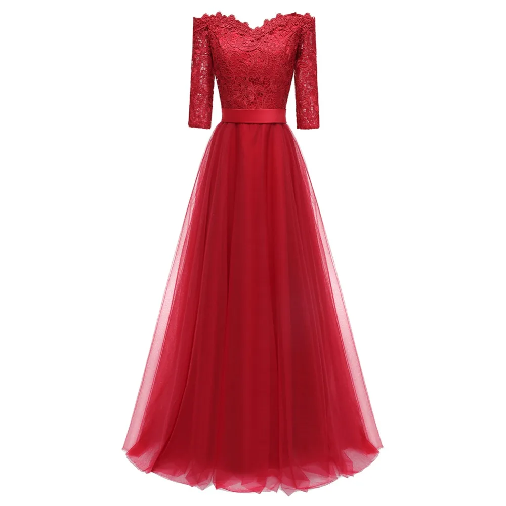 NOBLE WEISS Floor-Length Dark Red Lace Evening Dress Robe De Soiree Elegant Half Sleeve Dresses Long Prom | Свадьбы и торжества