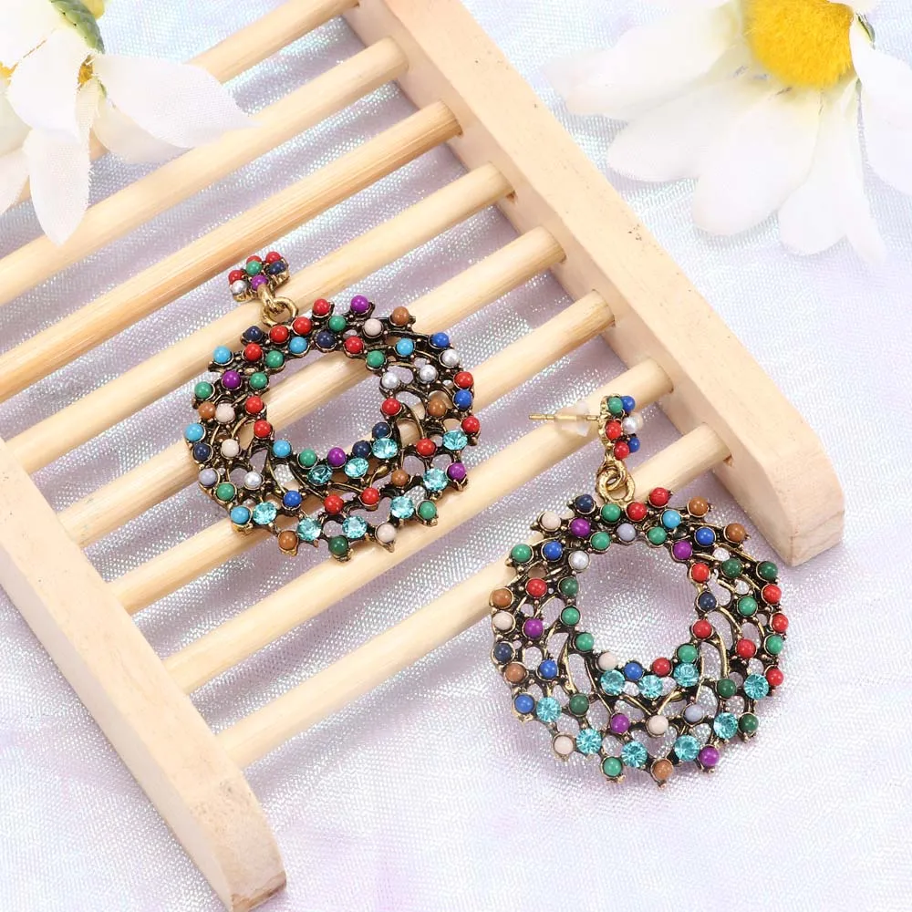 Fashion Women Colorful Bohemia Luxury Romantic Retro Gorgeous Elegant Hollow Brilliant Rhinestone Round Beads Earrings 1 Pair | Украшения и