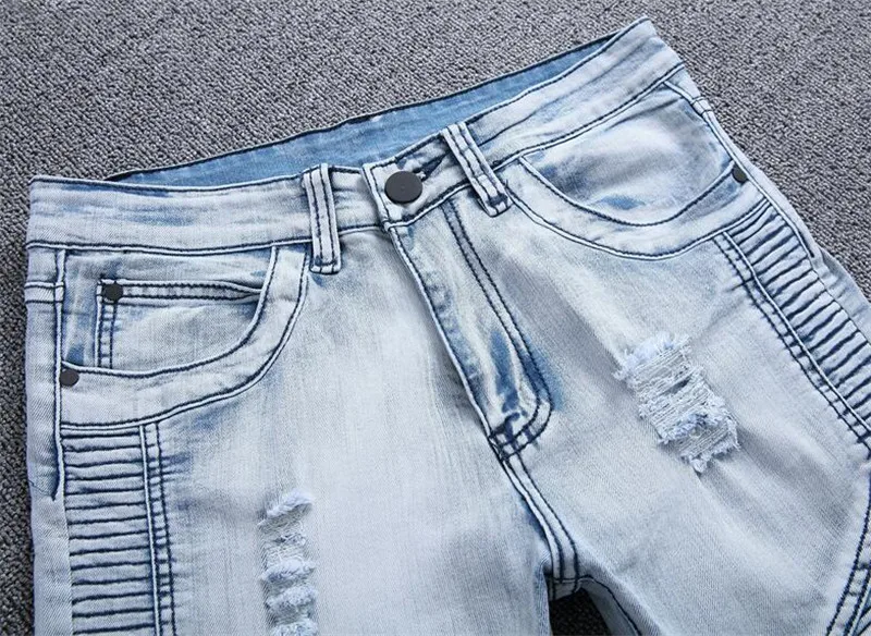 Newsosoo модные Для мужчин марка NEW Fashion Hi Street Рваные джинсы брюки стрейч в уличном проблемных мотоциклетные джинсовые брюки для мужчин, светло-голубой