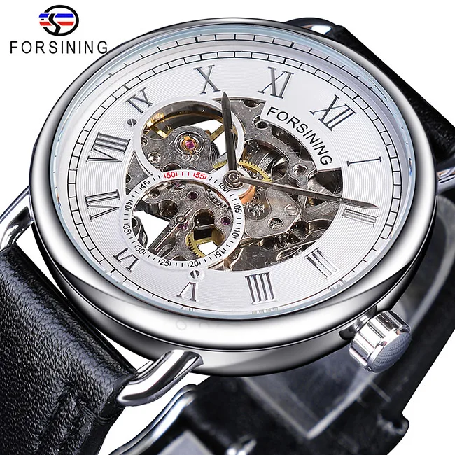 GMT1134-3Small Forsining, классический серебристый чехол, черный, натуральная кожа, ремешок, Римский номер, водонепроницаемый дизайн, мужские механические часы, Лидирующий бренд, роскошные - Цвет: GMT1134-3Small