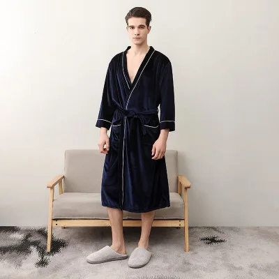 navy blue man Новые бархатные халаты для женщин и мужчин, Осенние Роскошные парные халаты размера плюс, одежда для сна, кимоно, халат для невесты и подружки невесты - Цвет: navy blue man