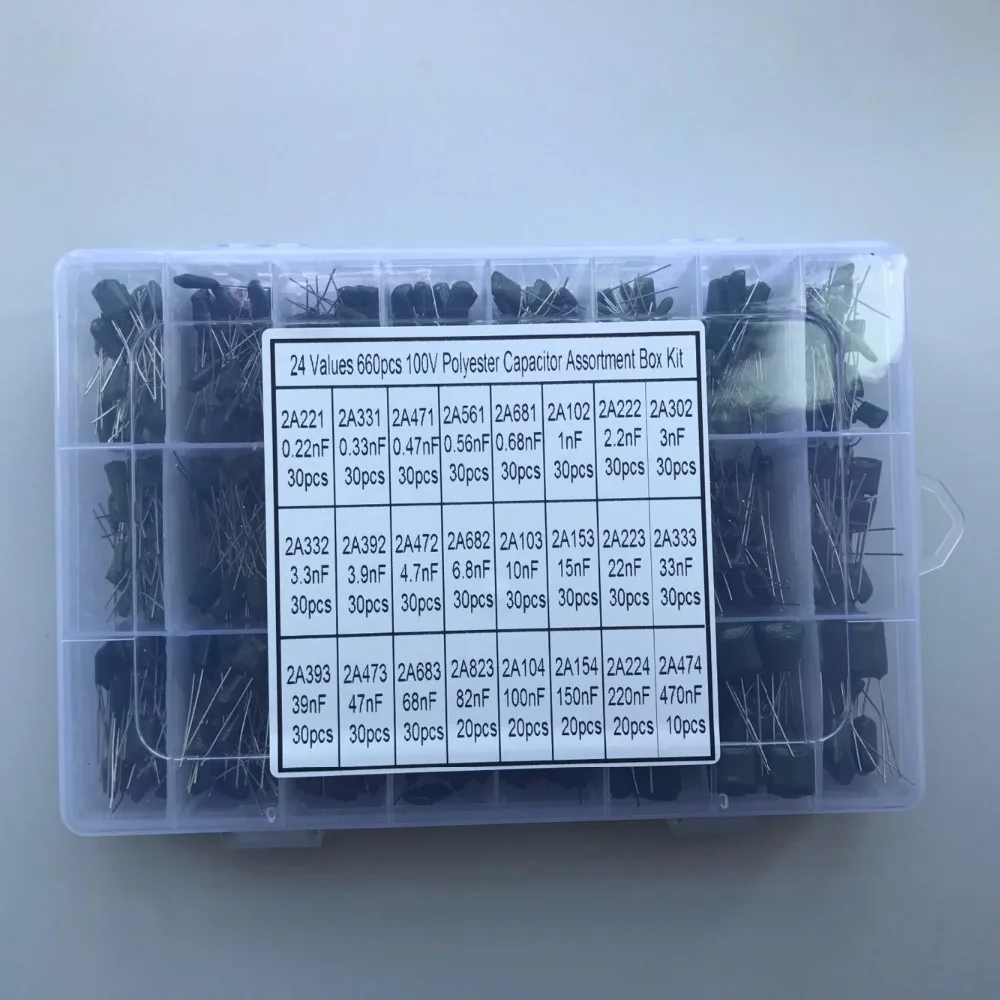 24 Values 660pcs 100V 2A221 ~ 2A474 2A331 2A471 2A561 2A681 2A102 2A222 2A302 Polyester Film Capacitor Assorted Kit | Автомобили и