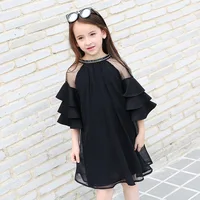 6-16 Years Summer Princess Dress for Teen Girls Fashion Flare Sleeve Black Color Chiffon Dress Girls Cute Ruffle Sleeves dress