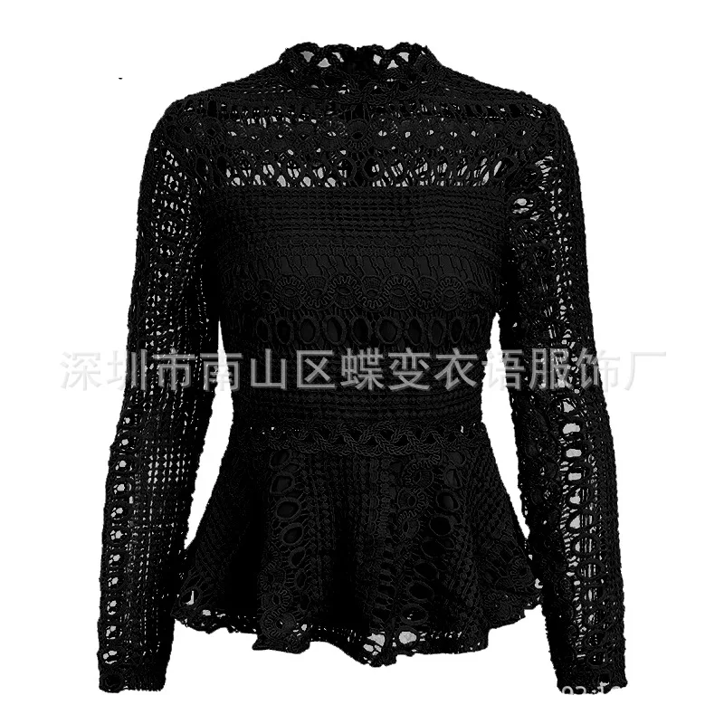 Женская ажурная кружевная блузка с баской элегантная рубашка оборками и длинным