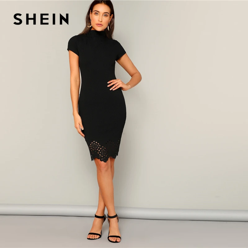 SHEIN Платье С Высоким Вырезом И Ажурной Отделкой Женское Черное Летнее Классическое Платье-Карандаш С Коротким Рукавом