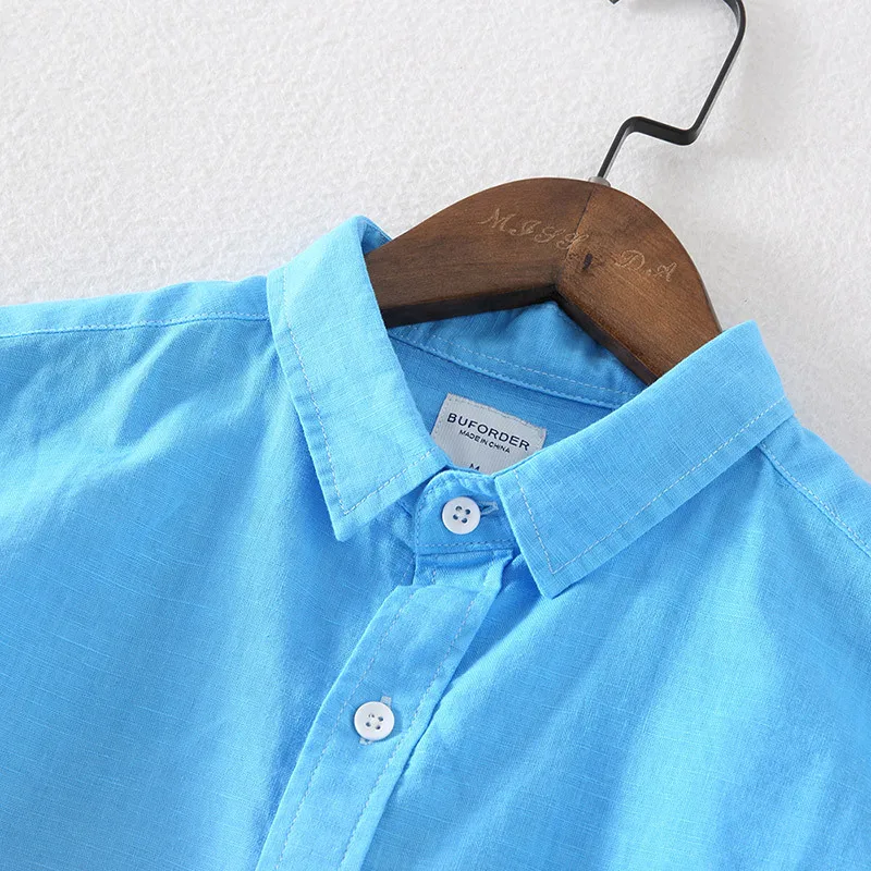 Рубашка Мужская льняная с коротким рукавом и отложным воротником