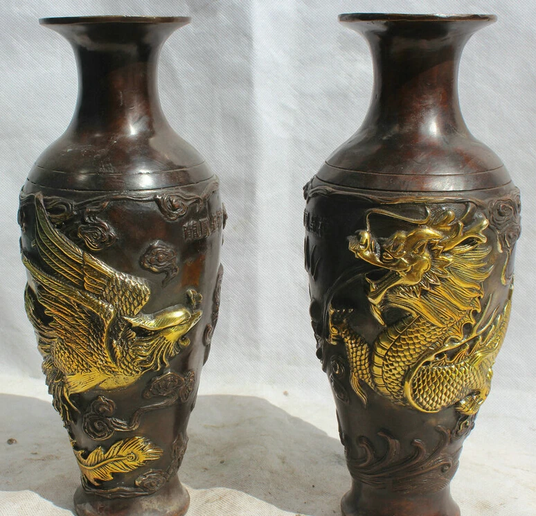

song voge gem S1960 11" Marked Chinese Dynasty Bronze Gild dragon phoenix flower Bottle Vase Pair
