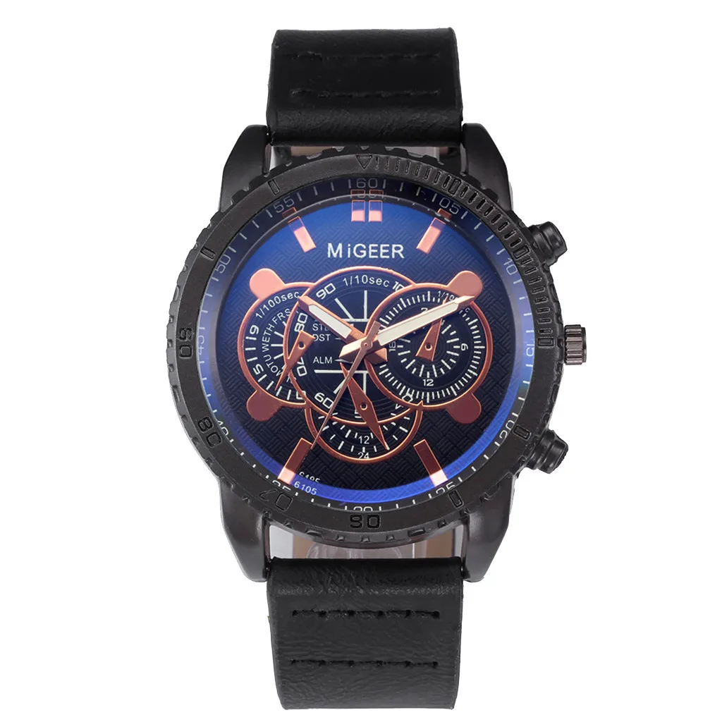 Мужские спортивные военные часы с кожаным ремешком кварцевые аналоговые из