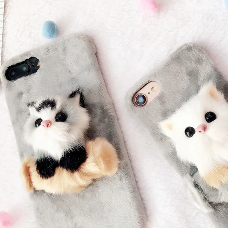 Рождество DIY 3D чехол с милым котом для iPhone X 8 S R M 5 SE 6 6S 6SPlus 7 Plus Мягкий меховой