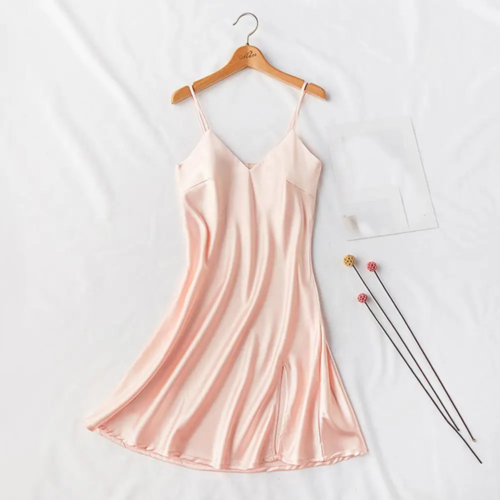 Летняя Сексуальная атласная женская ночная рубашка соблазнительная шелковая с