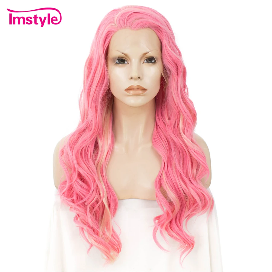 

Imstyle Pink Wig Synthetic Lace Front Wig for Women 24 inch Heat Resistant Fiber Wavy Style Natural Long Cosplay