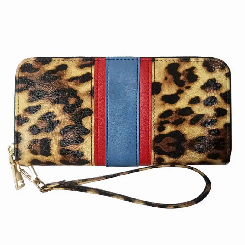 KANDRA Personalized Leopard Patchwork Long Wallet for Women with Removable Wristlet Strap Animal Print Zipper Purse Card Holder