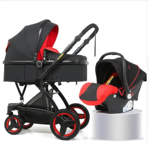Bellec 3-in-1 stroller high landscape baby carriage basket can sit reclining folding two-way shock baby stroller - Цвет: Black red PU 3 in 1