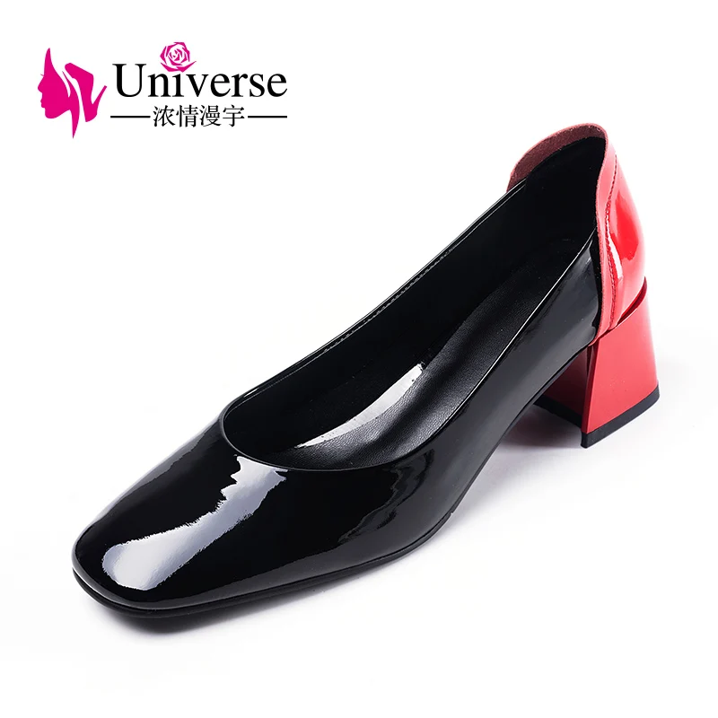 

genuine leather middle heel fashion square toe women pumps Universe black red 5.5cm block heel office dress shoes J011