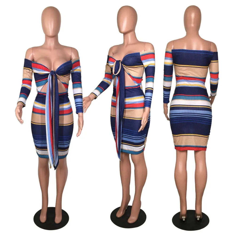 2019 для женщин пикантные Новая мода весна Vestidos полосатый Платья дамы Bodycon бинты