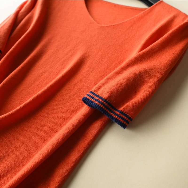 High Quality Spring Autumn Ladies V-Neck Cashmere Sweater Short Sleeve Knitted Pullover Women Stripe Thin Jumpers Smooth Soft | Женская