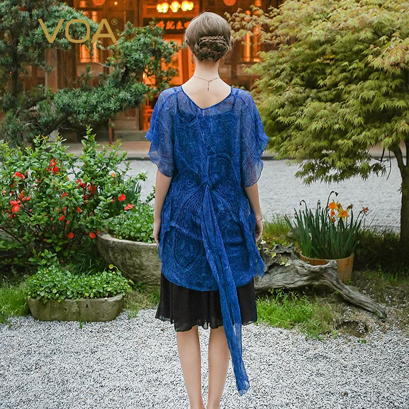 Платья VOA с шелковым принтом женские модные сексуальные тонкие синие коротким