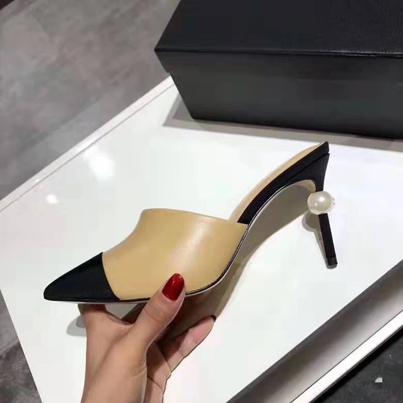 

New Pointed Toe Pearl Pumps Mules Slingback High Heels Designer Shoes Woman Sandals Runway Mixed Colors Fashion Slippers 2019