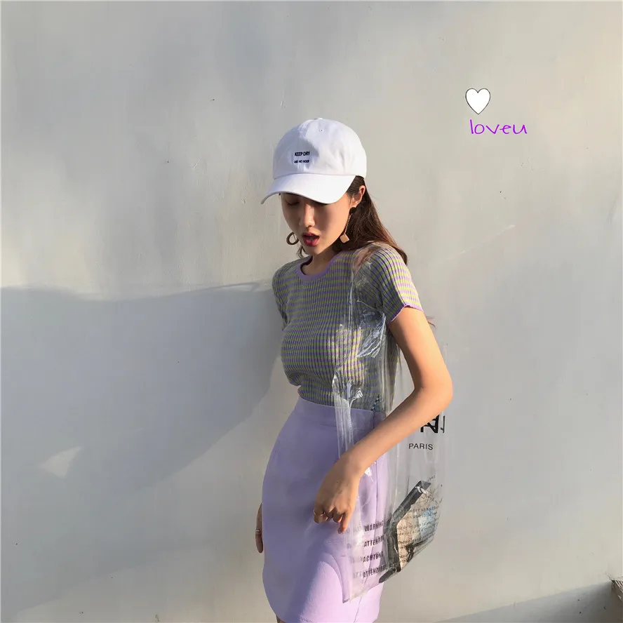2019 summer Korean Style purple stripe sweater slim knitted tops short sleeve t shirts womens tee shirt femme (R4492) | Женская одежда