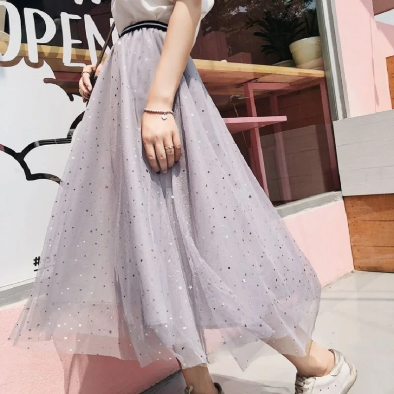 2019 NEW Women Pleated Skirts In Summer Star Sequined Tulle Skirt 3 layers Lurex High Waist A Line skirt | Женская одежда