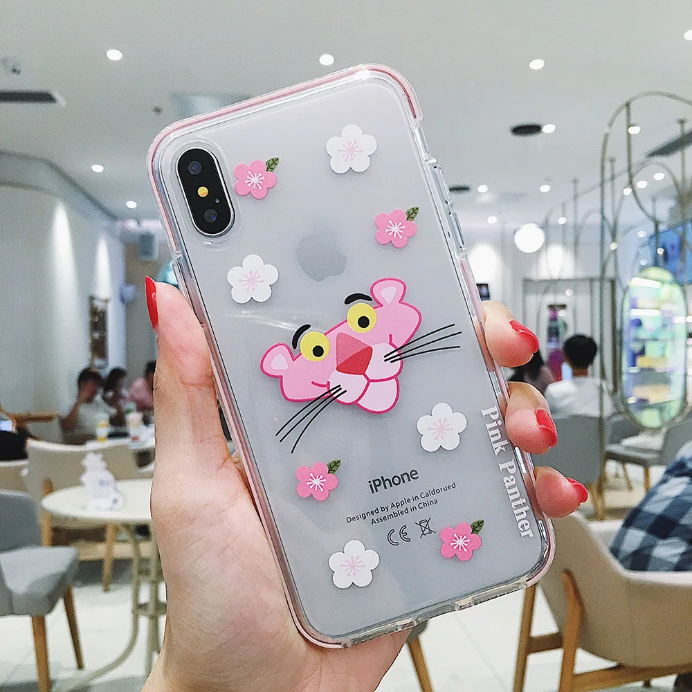 Чехол для телефона с розовой пантерой мягкий симпатичный из ТПУ iPhone 6 6s 7 8 Plus X XS XR