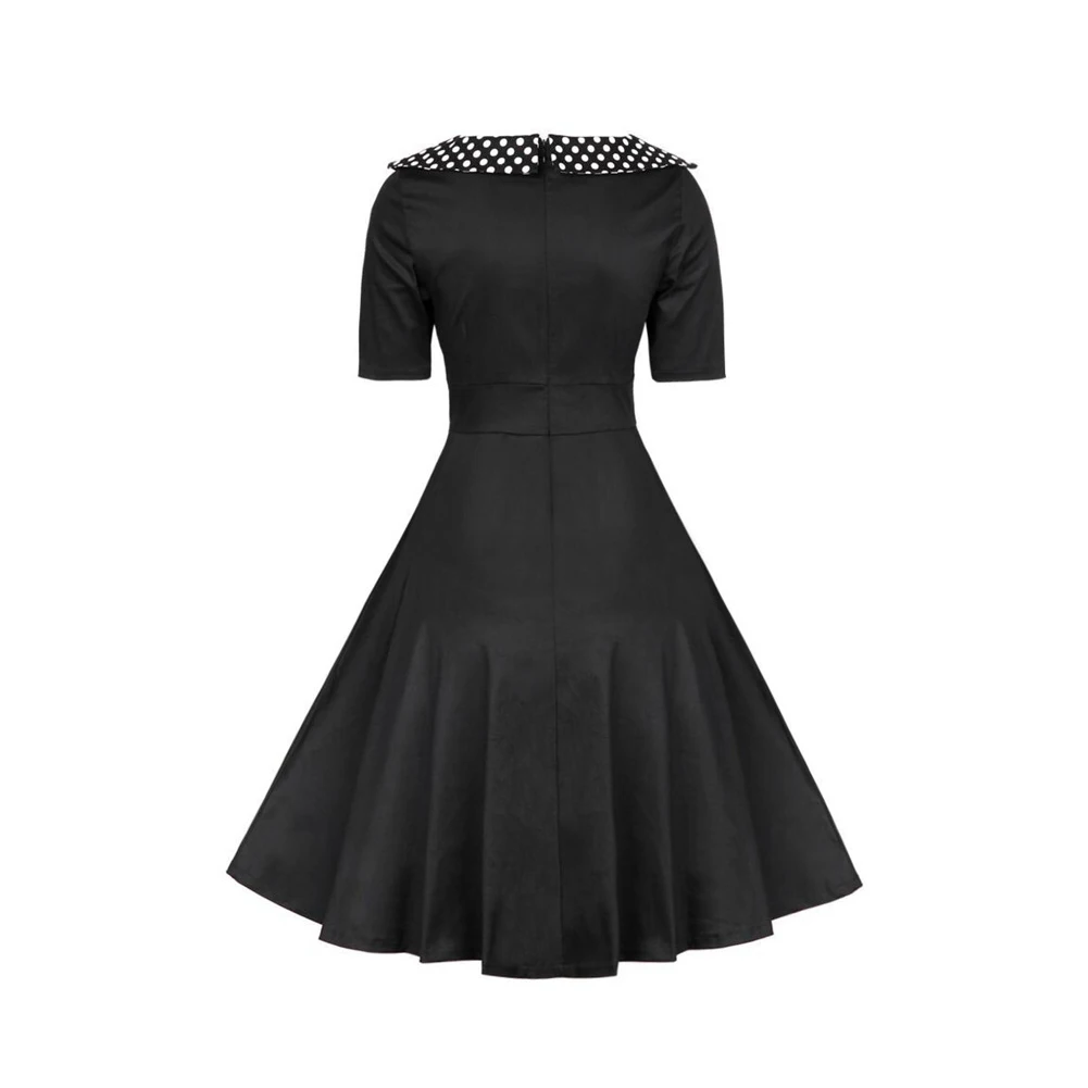Женское винтажное платье в горошек черное ТРАПЕЦИЕВИДНОЕ ПЛАТЬЕ с круглым