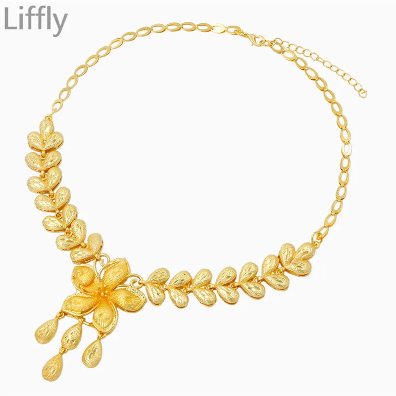Модный комплект из 24 золотых ювелирных украшений в форме цветка Дубая ожерелье