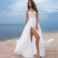 sexy scoop appliqued boho wedding dress chiffon bridal gown custom made high split cheap vestido de novia