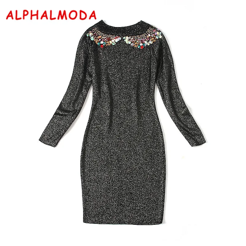 Женское трикотажное платье ALPHALMODA облегающее однотонное с длинным рукавом и