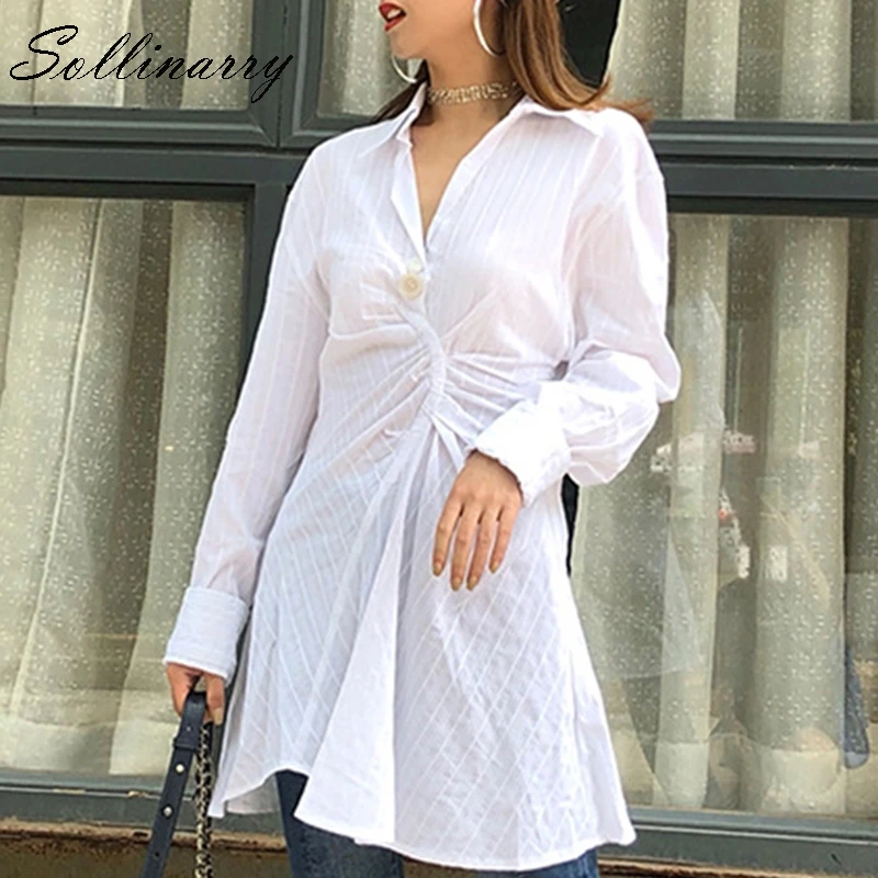 Sollinarry White Elegant Slim Short Dress Shirt Women Autumn Long Sleeve Blouse Office Ladies Casual Vestidos | Женская одежда