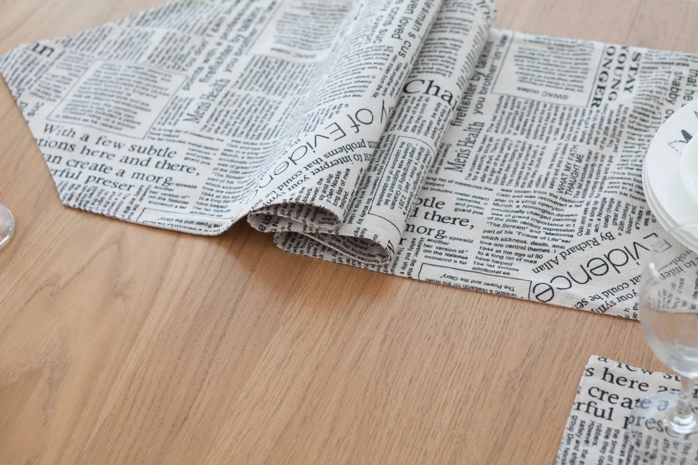 

3/5/7-Pieces Linen Cotton News Paper Printed Table Runner And Placemat Sets Table Decoration Table Runners 30x220cm Beige