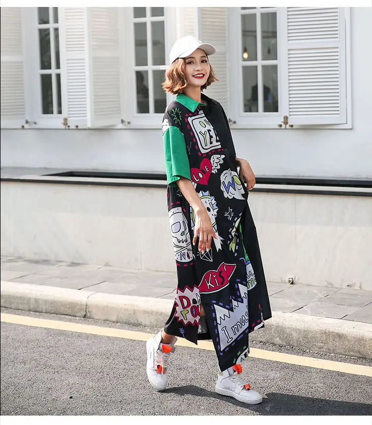 XITAO Plus Size Street Midi Dress Women Korea Fashion Turn Down Collar Patchwork Print Pattern Cardigans New WBB4449