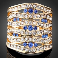 chran gold color bule crystal wide rings jewelry fashion hollow design women promised rings
