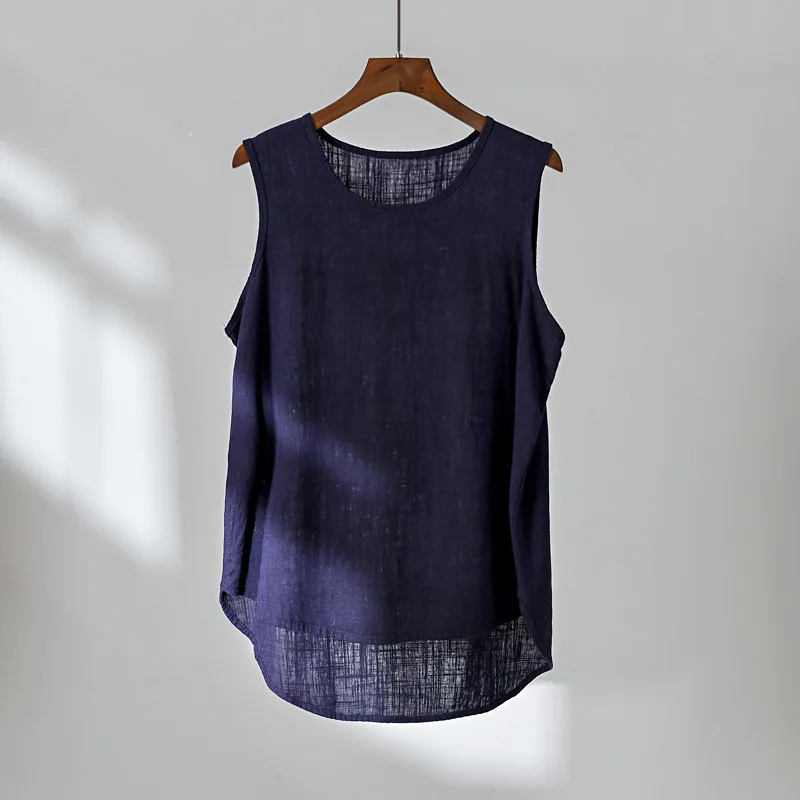 Navy Blue OriGoods Linen Tank Top Women Loose Casual Summer Tank Tops Solid Black White Yellow Red White Tank top Kawaii Cute Tops C223 - Color: Navy Blue